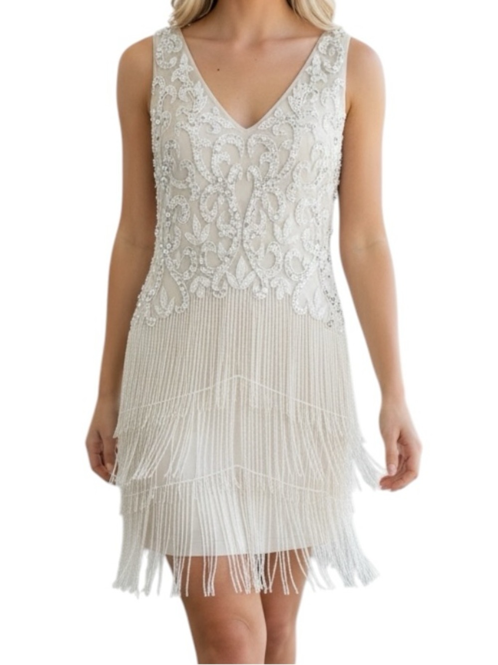 Adrianna Papell Ivory Beaded Fringe Sequin Mini Dress Flapper 1920s Wedding $199